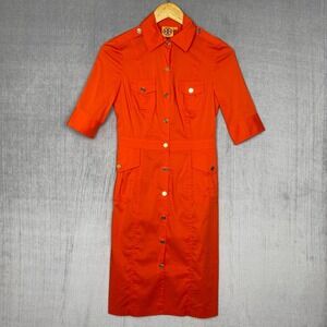 Tory Burch Shirt Dress Womens 0 Orange 1/2 Sleeves Epaulettes Cotton Blend
